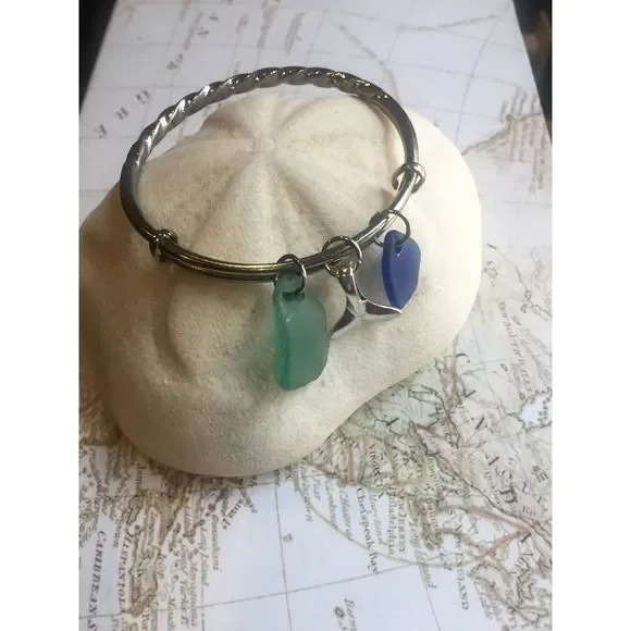 Cobalt Blue & Teal Sea Glass Bangle with Whale Tail - Picture 2 of 6
